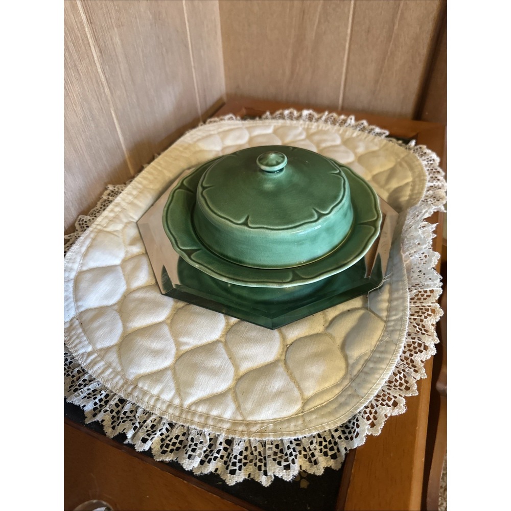 vintage green covered‎ butter dish from the Mount Clemens Pottery Company